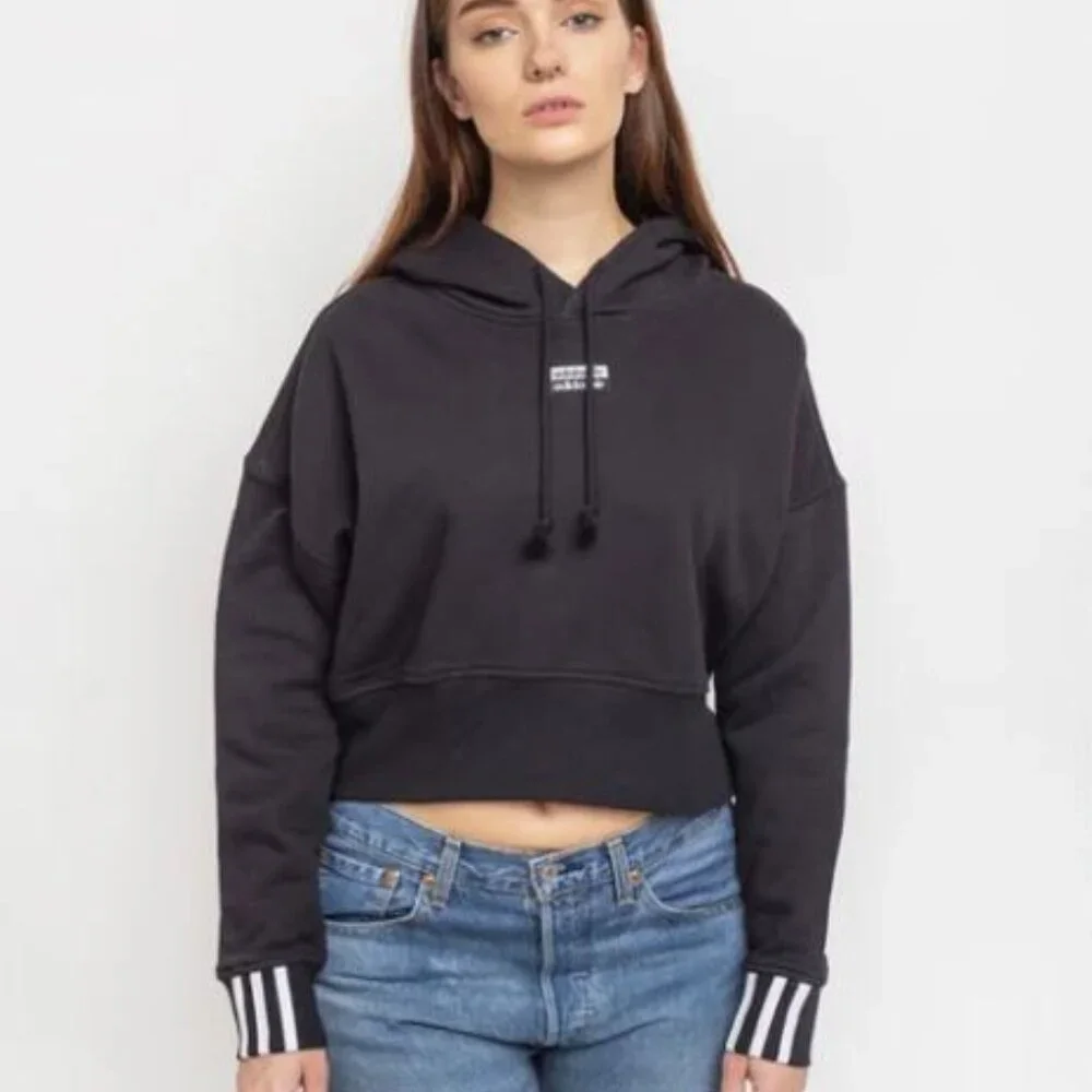Adidas Black & White Stripes Cropped Fit Hooded Sweatshirt S - Picture 1 of 9